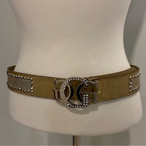 Guess Genuine Leather Studded Crystal Logo Belt Y2K Statement silver gold OS